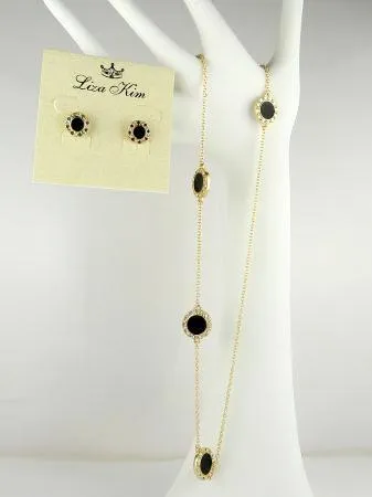 New Round Black Enamel and Rhinestone Circle Necklace & Earring Set by Liza Kim