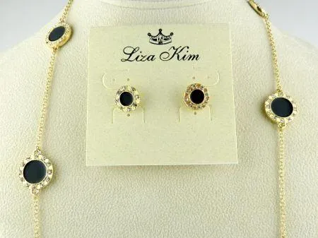 New Round Black Enamel and Rhinestone Circle Necklace & Earring Set by Liza Kim