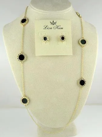 New Round Black Enamel and Rhinestone Circle Necklace & Earring Set by Liza Kim